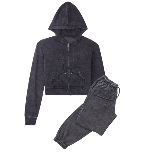 Girls Long Sleeve Crop Hoodie Trouser Set 2 Piece Pigment Wash 9-16Y | UK Sale - Picture 15 of 15