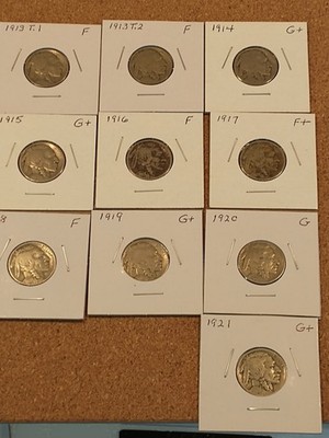 10 Different Early Date P-Mint Buffalo Nickels, G-F+,Incl. Both 1913 s