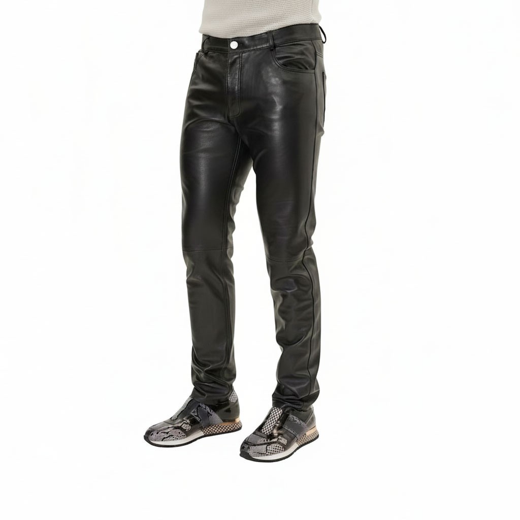 Men’s Real Cowhide Leather Biker Pants Black Motorcycle Trouser Jeans Slim Fit