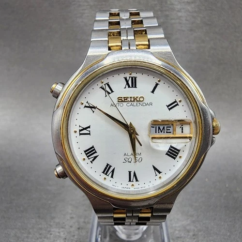 Seiko Auto Calendar Watch Men 38mm White Dial Two Tone Date 6M26-8030 New Batt