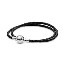 Pandora Silver Leather Double Black Bracelet Stylish Charm Holder Jewelry