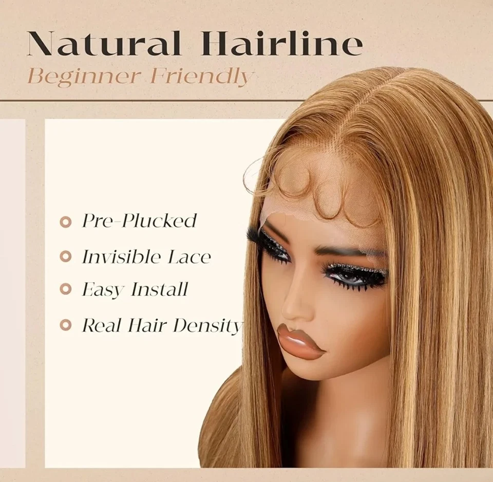 HD Lace Front Wig Human Hair Blend Highlights Wavy Curly Honey BROWN Blonde - Image 2 of 4