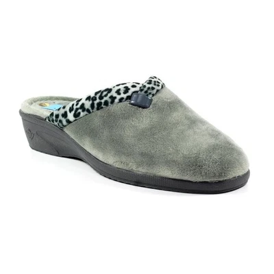 LUNAR - MICHELLE | Ladies/Womens Washable Slip On Wedge Slipper Grey Ocelot