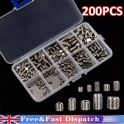 FINE-TOPGOODS Stainless Steel Allen Head Socket Hex Set Grub Screw Assortment Cup Point 200pcs