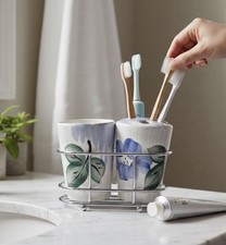 Catalina Hand Painted Floral Ceramic Toothbrush Holder Tumbler Set Caddy