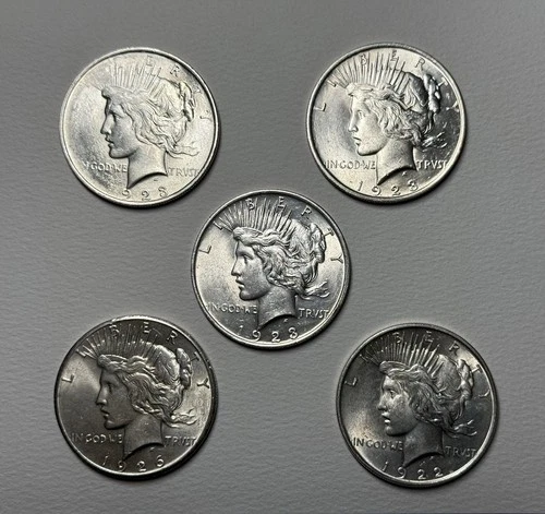 5 Coin Lot Peace Silver Dollars $1 - 90% Silver - 1922 1923 1926 - Raw AU Nice