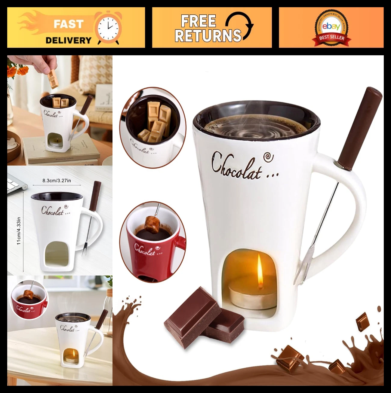Chocolate Fondue Set with Mugs & Forks - Mini Melting Cup for Date Night, Gifts