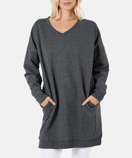 Zenana Women's Dark Gray V-Neck Long Line Sweatshirt Pullover Pockets Casual L