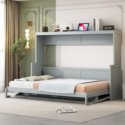 Full Queen Size Murphy Wall Bed with Hydraulic Lift and Desk Cabinet Hidden Beds - Picture 10 of 44