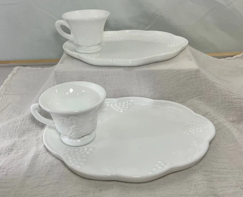 Set Of Two Vintage White Milk Glass Plate & Cup Snack Set Harvest Grape Pattern