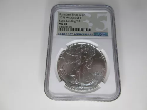 Burnished Silver Eagle 2021 W Eagle S$1 Eagle Landing T-2 MS 70 NGC Eagle 35th A