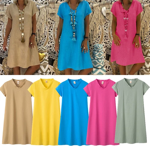 Women Short Sleeve Cotton Linen Midi Dress Ladies Solid V Neck Loose Sundress US - Bild 3 von 40