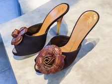 Giuseppe Zanotti Peep Toe Satin Shoes Gold Ombre High Heel Leather Flower Sz 8/3