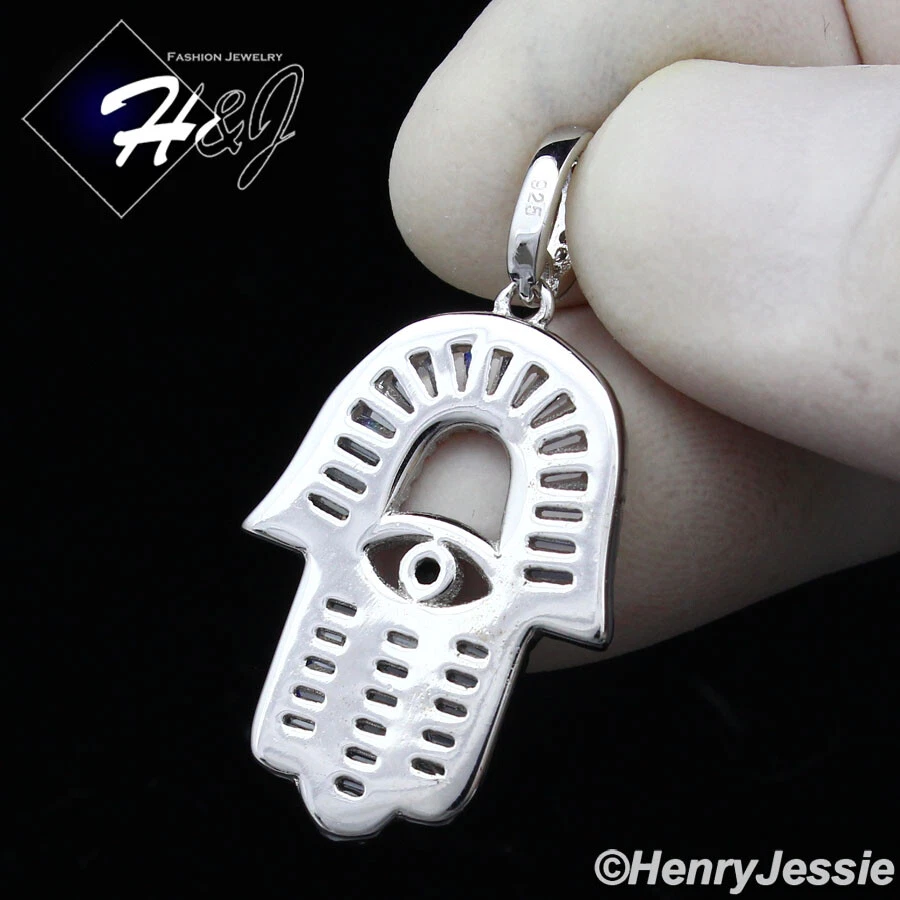 MEN WOMEN 925 STERLING SILVER ICY BLING CZ 3D EVIL EYE HAMSA HAND PENDANT*SP360 - Image 2 of 4