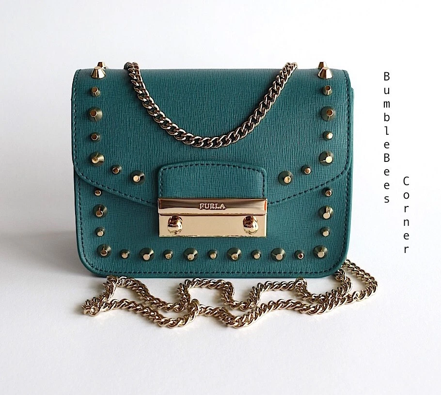 FURLA JULIA Green SAFFIANO LEATHER Metropolis STUDDED Mini Crossbody Bag NWT