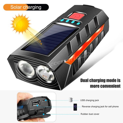 Solar Bike Lights Front & Back USB Rechargeable Bicycle Headlight Tail Lamp+Horn - Picture 3 of 12