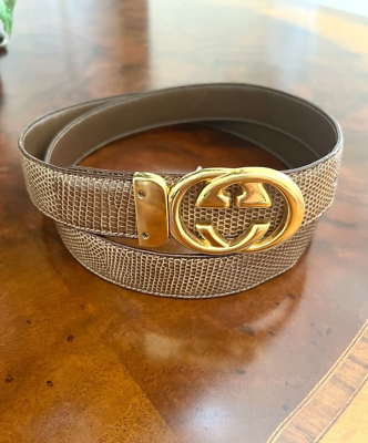 Vtg GUCCI Double G Logo Lizard Beige Leather Mens Waist Belt 