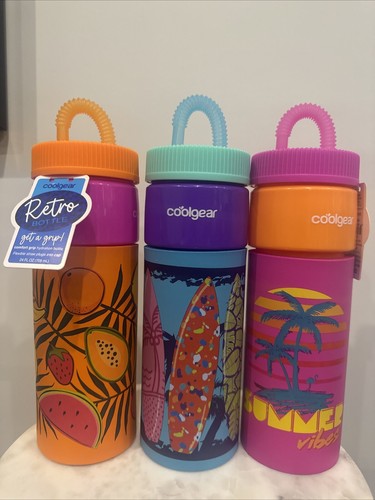 3 Cool Gear 24oz Plastic Retro Squishy Water Bottle Surfboards Purple with Straw - Picture 2 of 4