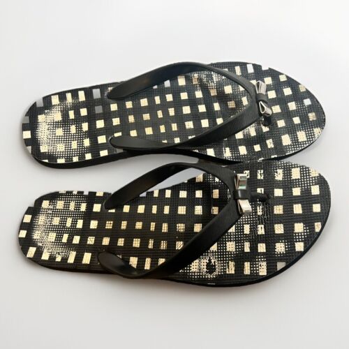 COACH Logo Flip Flops Size 9-9.5 Black/White Checked With Silver Bows