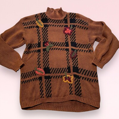 vintage 90s y2k brown plaid embroidered leaves grunge boho oversized sweater L