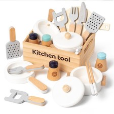 10 PCS Wooden Play Kitchen Toys Utensils Accessories, Pretend Play Pots and P...