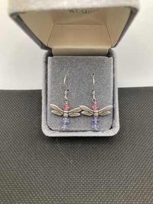 Artisan Crafted Dragonfly Dangle Drop Hook Earrings Pink Purple Round Crystals