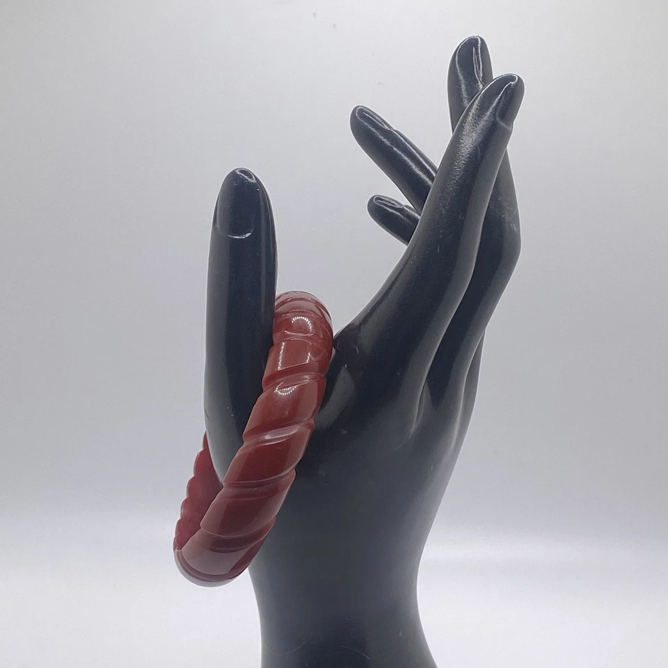 Art Deco Cherry Amber Carved Bakelite Chunky Vintage Plastic Bangle Bracelet 6” - Image 4 of 4