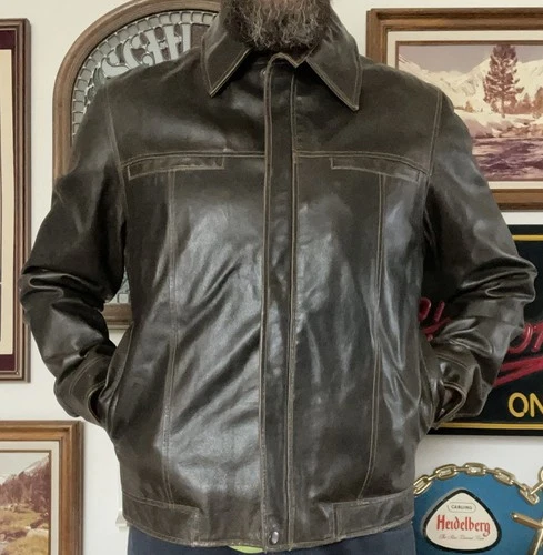 Vintage 2002 Gap Jacket Leather Aviator Snap Button Lined Brown Mens Medium Y2K image 8