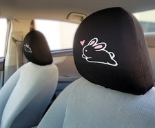 Pink Bow Car Headrest Covers 2pc Car Accessories Cute Bunny Black Universal Set