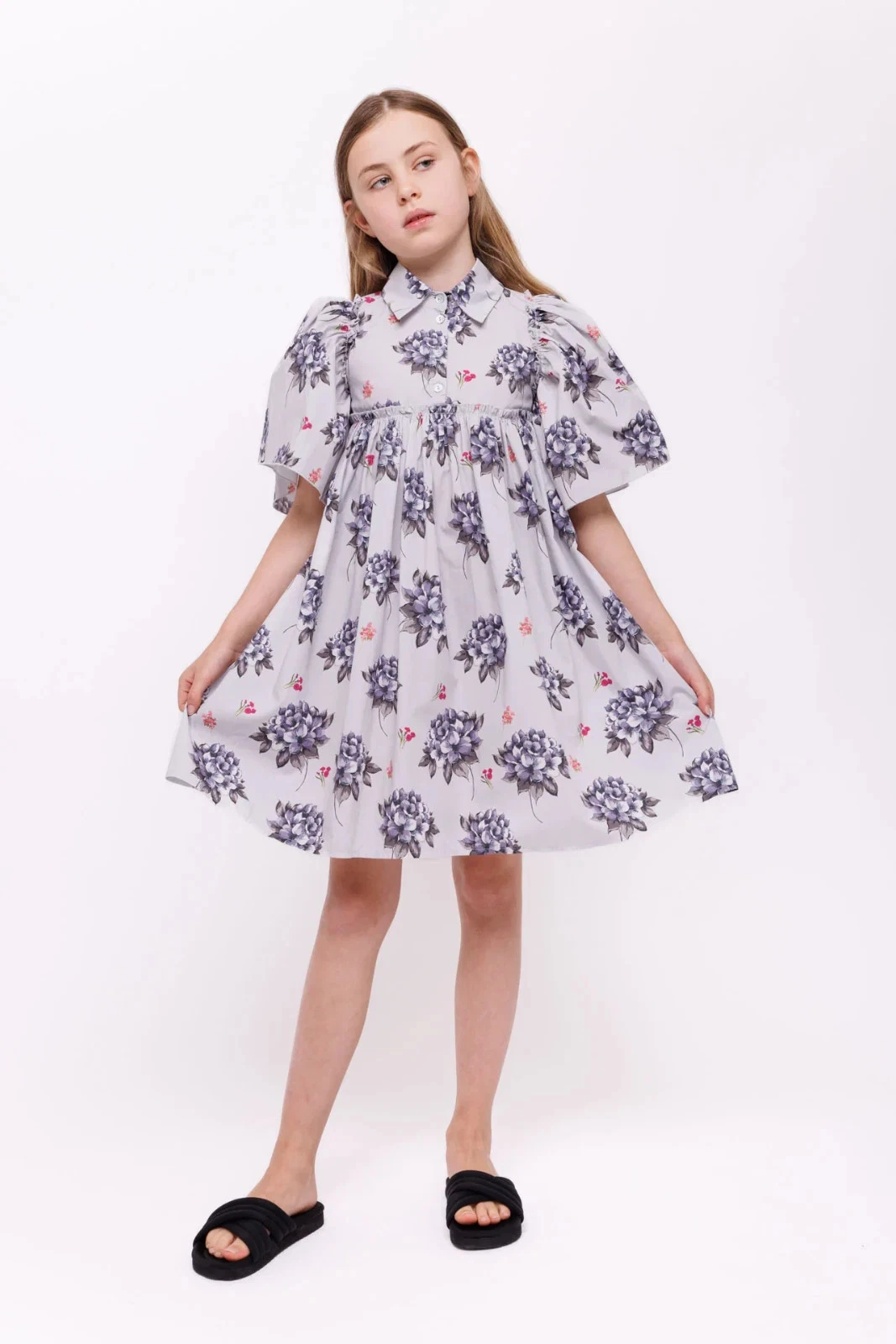 Christina Rohde Girls 10 Purple Floral Short Voluminous Sleeve Dress Cotton $202