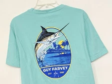 Guy Harvey Men's Tee Size Medium Marlin Leaping Graphic Aquamarine Jersey Shirt