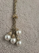 Vintage Long Goldtone Rope Chain Pearl Dangle Slide Lariat Necklace