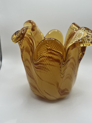 Murano White Crystal Glass Bowl Marbled Amber Heavy Handmade Italy - Picture 9 of 13