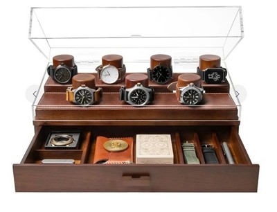 Holme & Hadfield Brown Wood Leather Acrylic Watch Display Case for 7 