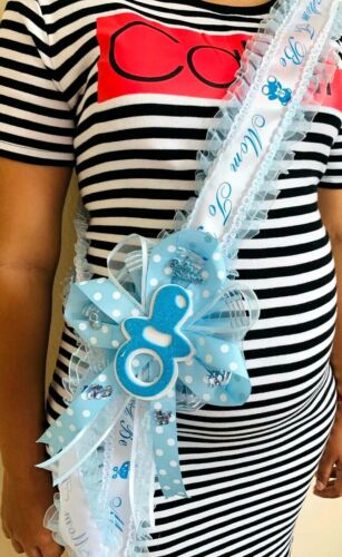 Baby Shower Mom To Be It's a Boy Sash Pacifier Blue Ribbon Corsage Baby Shower - Picture 1 of 5