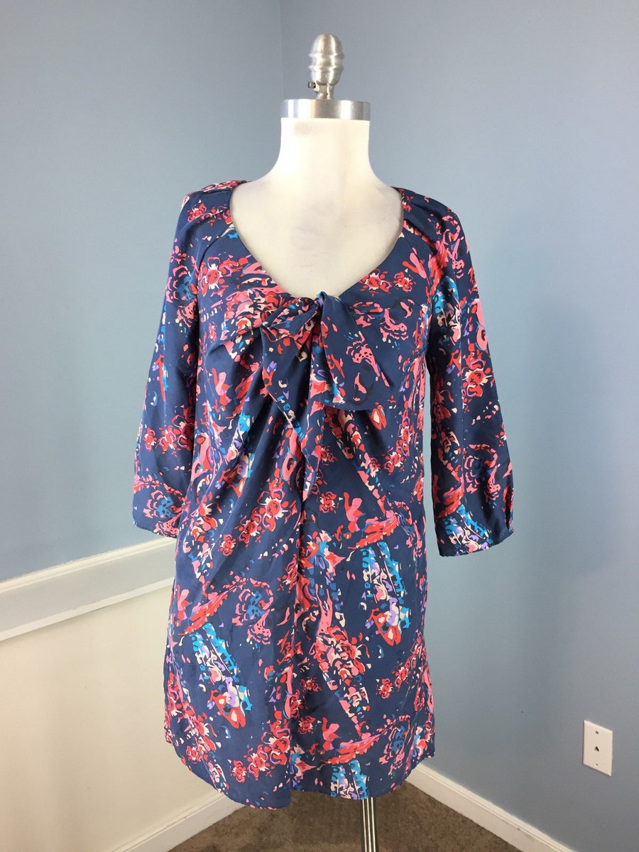 Juicy Couture S P Silk Floral Pink Blue Shift Dress Tunic 3/4 slv