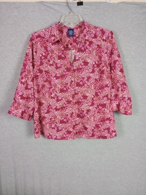 Basic Editions Women Shirt 2X Red Pink Flowers Long Sleeve Button Up