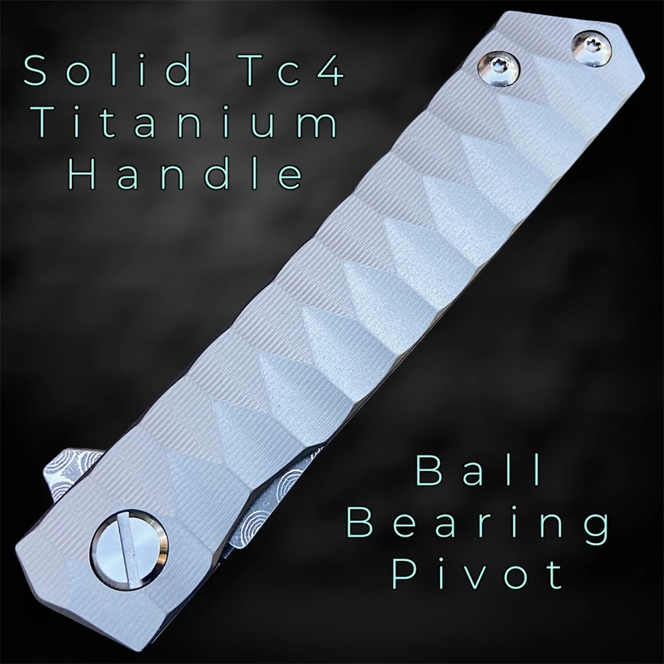 Faca dobrável Full Tc4 Titanium EDC! Lâmina de aço Damasco! Pivô de rolamento de esferas - Imagem 4 de 4
