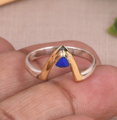 Wishbone Handmade Ring, Two Tone Trillion Cut Lapis Lazuli