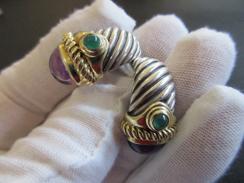DAVID YURMAN AMETHYST, EMERALD SHRIMP EARRINGS STERLING SILVER 14K GOLD 15.9gm.