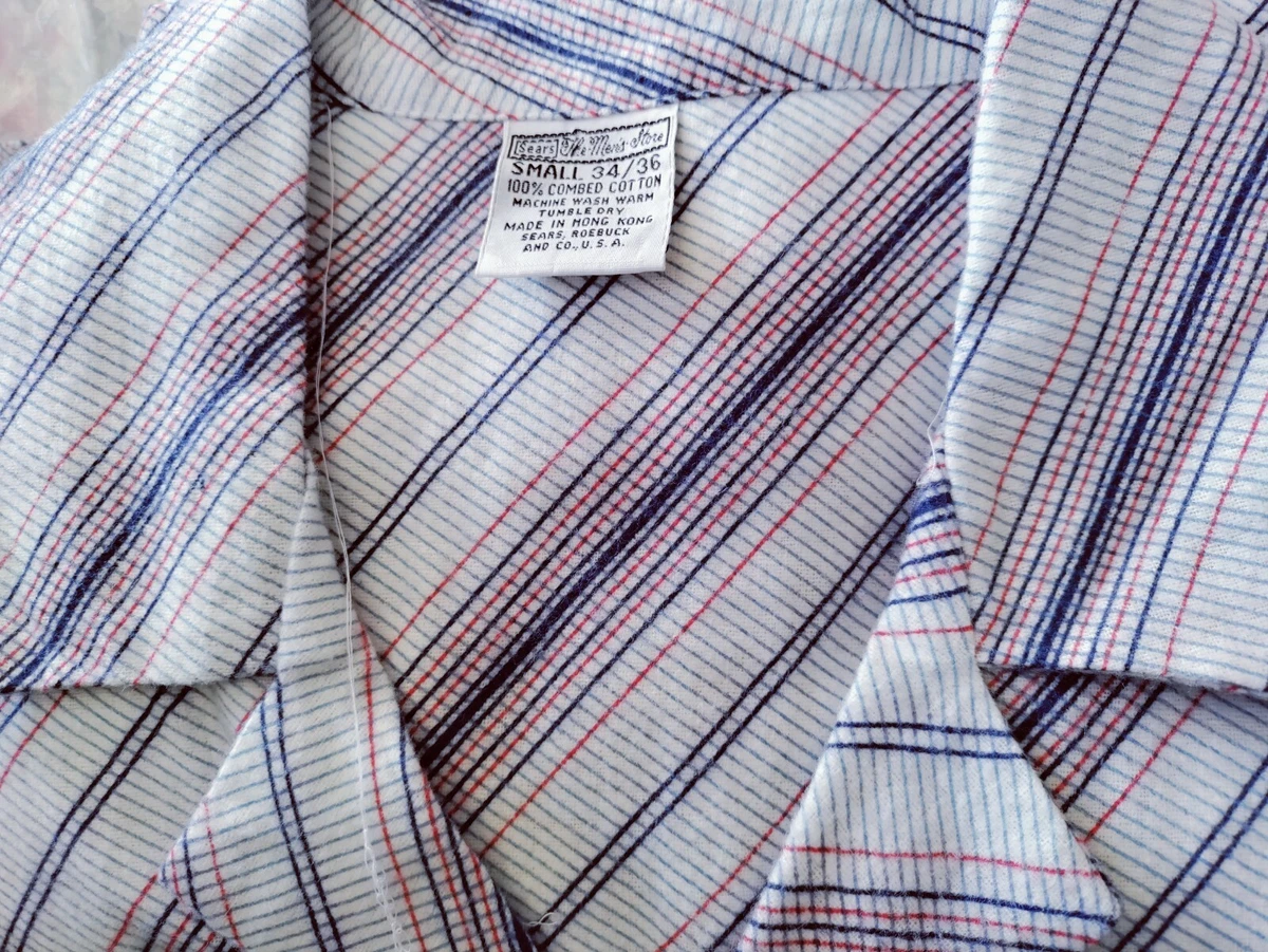 Vtg SEARS Men s Small Striped Flannel Pajamas Set Red White Blue Hong Kong NWOT