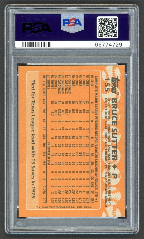 1988 TOPPS BRUCE SUTTER #155 HOF ATLANTA BRAVES PSA 9 MINT - Image 3 of 3