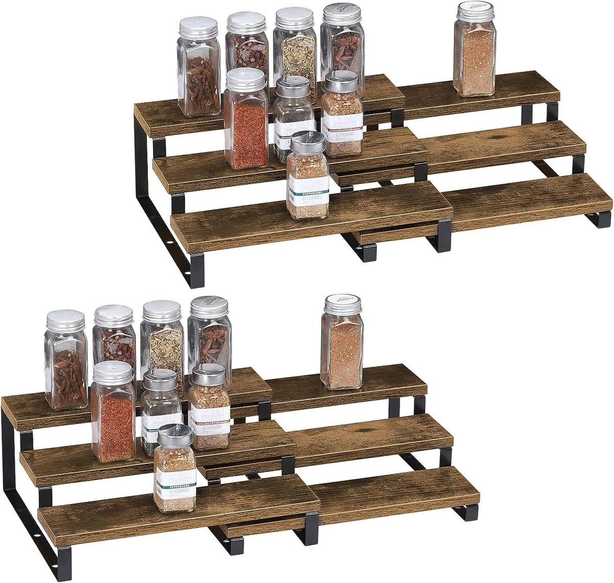 2 4PCS 3 Tier Spice Rack Wood Step Shelf Countertop Spice Storage Holder Brown