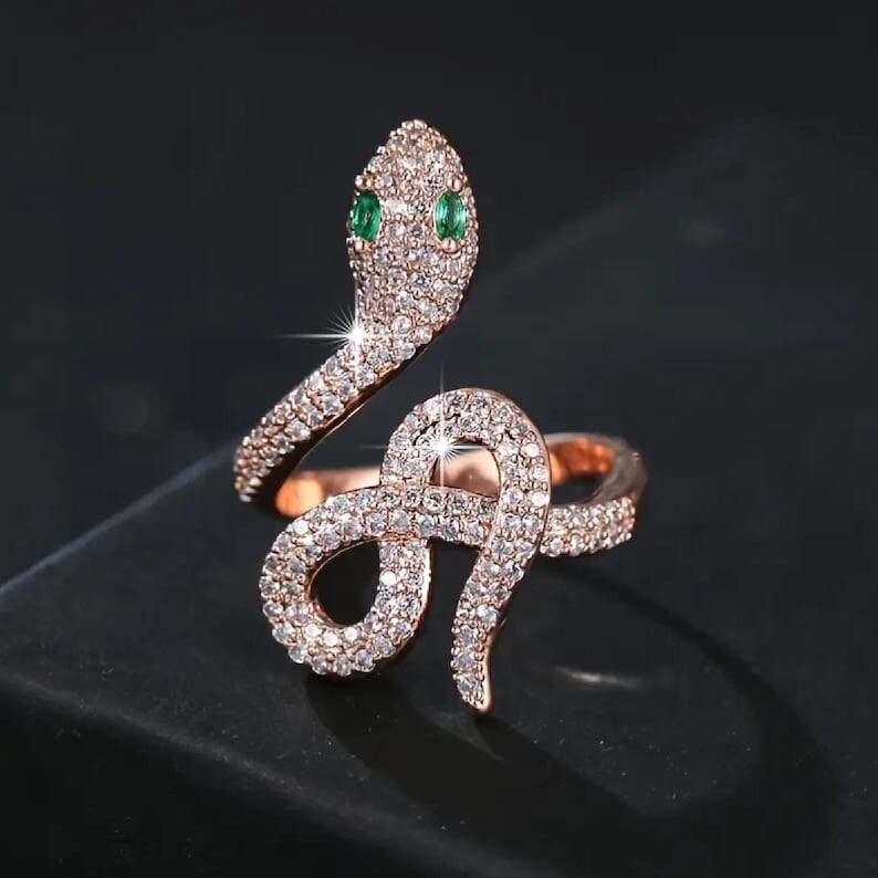 Gold Plated Snake Ring With Emerald Eyes Serpent Statement Jewelry - Product main view