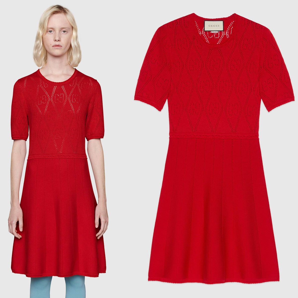 GUCCI★素敵!GG PERFORATED RED WOOL SHORT SLEEVES DRESS GUCCI DRESS GG PERFORATED RED WOOL SHORT SLEEVES $1,700 sz M