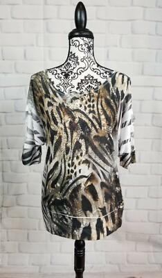 Cache women's  split sleeve animal print stretch knit slze m beaded top bb21