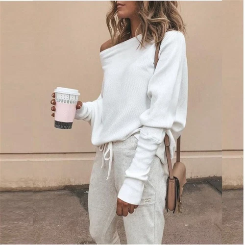 Damen One Shoulder Pullover Langarm Strick Bluse Pulli Pulli Damen Tops - Bild 9 von 19