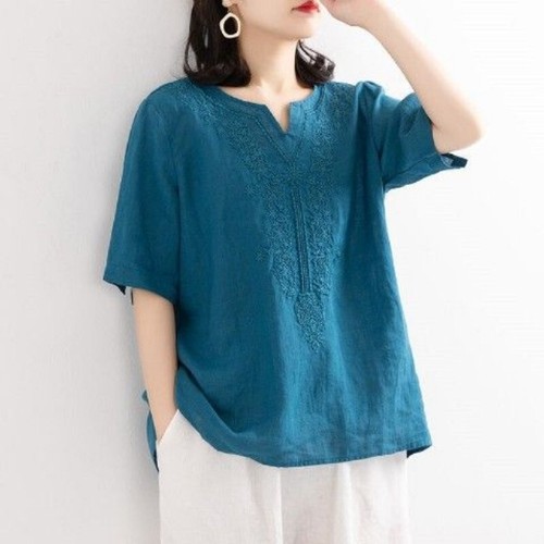 Summer Women Cotton Linen V-neck Embroidered Shirt Loose Shirt Short Sleeved Top - Afbeelding 27 van 28