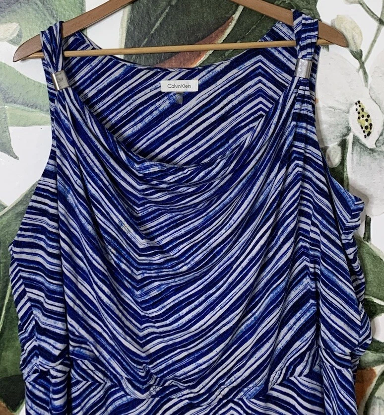 Maxi Vestido Elástico Calvin Klein 1X Azul Rayas Escote Corpeado Sin Mangas Foto 2 de 4
