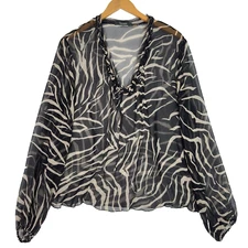 Tahari Zebra Print Top Blouse XL 100% Silk Sheer Frayed Ruffled Neckline Artsy